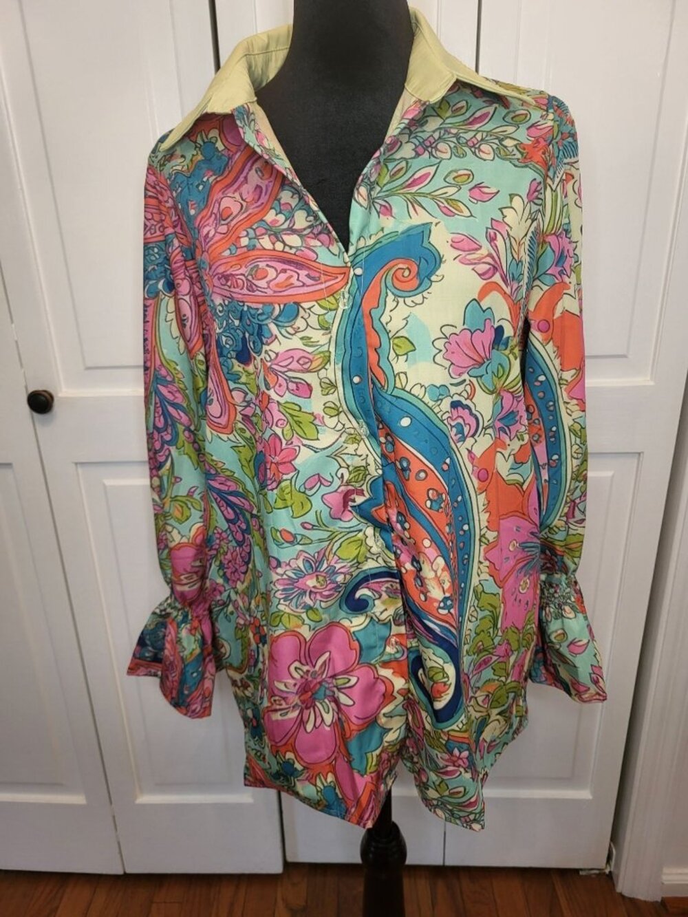 Cherry Betty Lime Pink Floral Paisley Print Button Up L Boho Funky Artsy Retro
